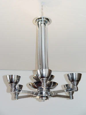 Ikonische Moderne: Großer Art-Déco-Kronleuchter in Nickel (ca. 1930–1935)