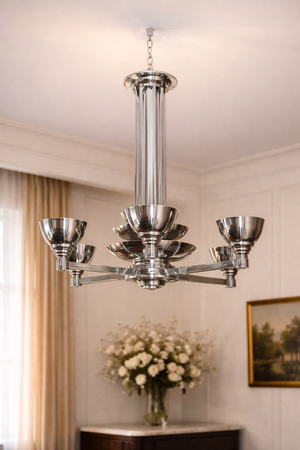 Ikonische Moderne: Großer Art-Déco-Kronleuchter in Nickel (ca. 1930–1935)